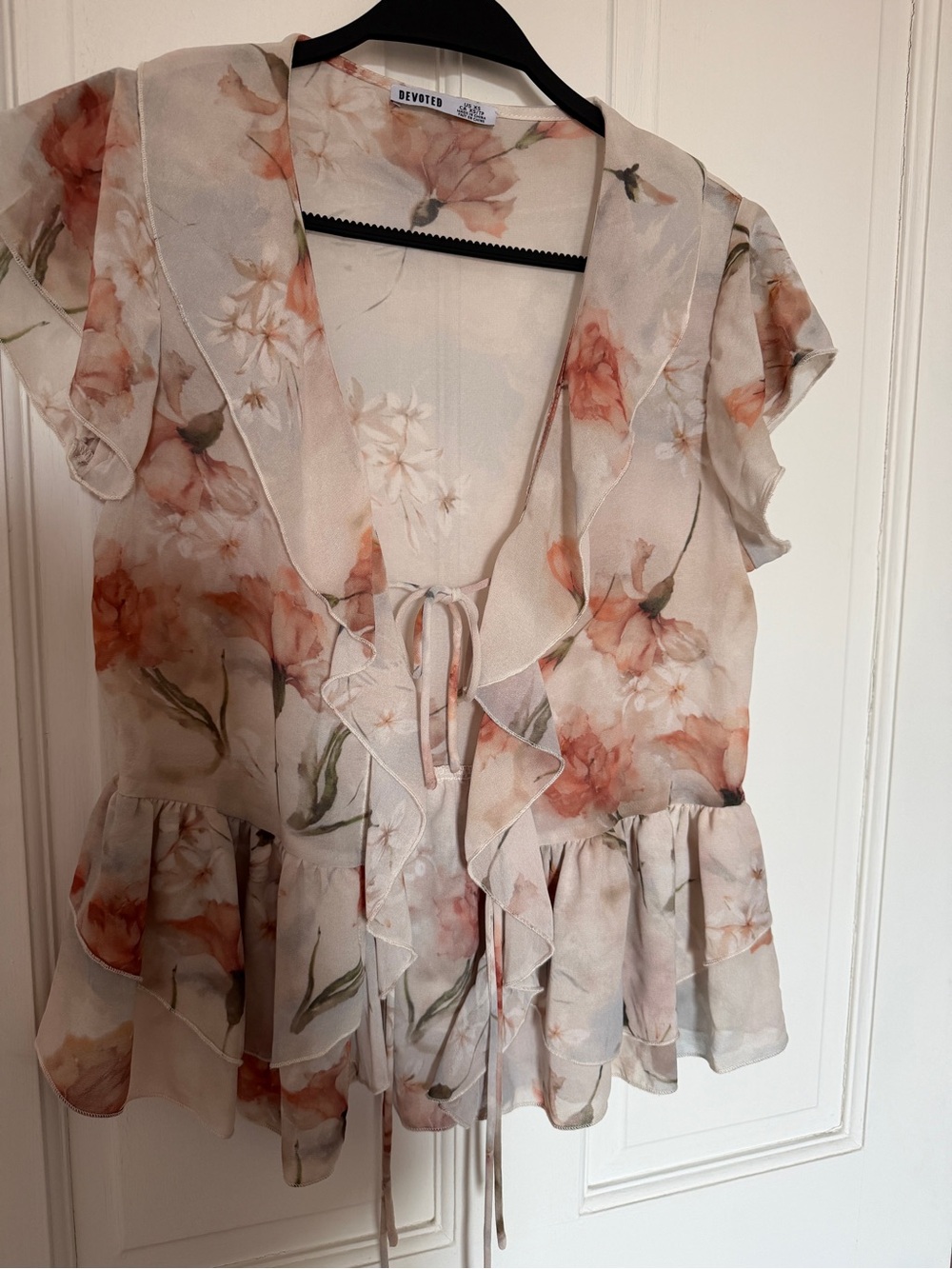 Devoted Floral Ruffle Tie-Front Blouse - Peach on Cream